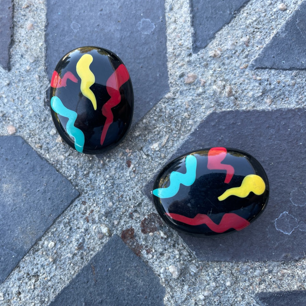 Vintage Black Clip On Earrings with Colorful Swirls